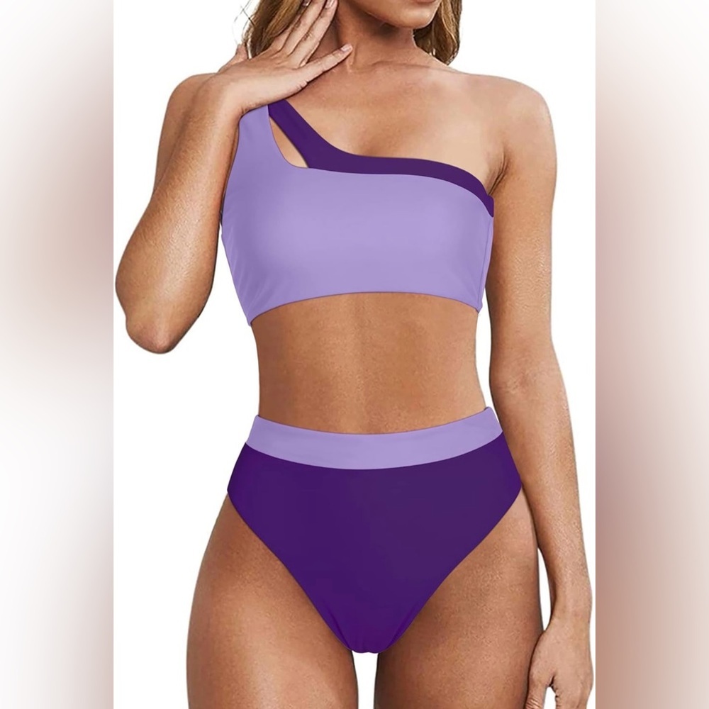 MOOSLOVER Women‎ Cutout One Shoulder High Waisted Bikini High Cut Two Piece Med